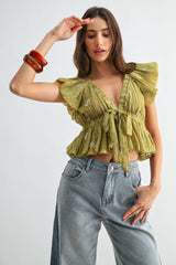 Chic Embroidered Tie-Waist Top - Moss Green
