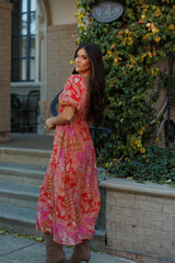 Mediterranean Majesty Puff Sleeve Maxi - Pink/Red