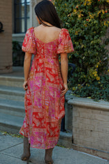 Mediterranean Majesty Puff Sleeve Maxi - Pink/Red