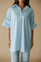 Island Chic Roll Tab Sleeve Shirt Dress - Blue Pink