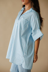 Island Chic Roll Tab Sleeve Shirt Dress - Blue Pink