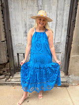 Sicily Scalloped Embroidered Eyelet Halter Dress - French Blue