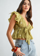 Chic Embroidered Tie-Waist Top - Moss Green