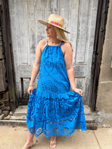 Sicily Scalloped Embroidered Eyelet Halter Dress - French Blue