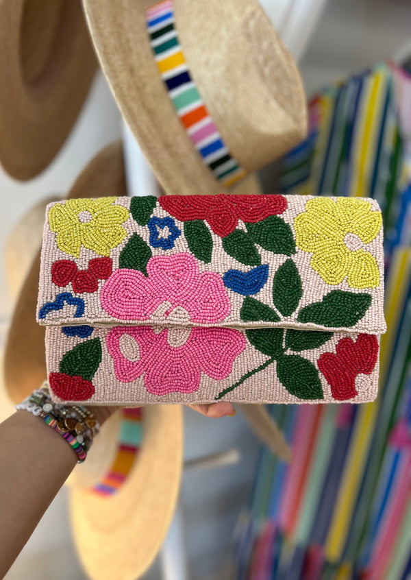 Beaded Floral Purse - Pink/Yellow/Green