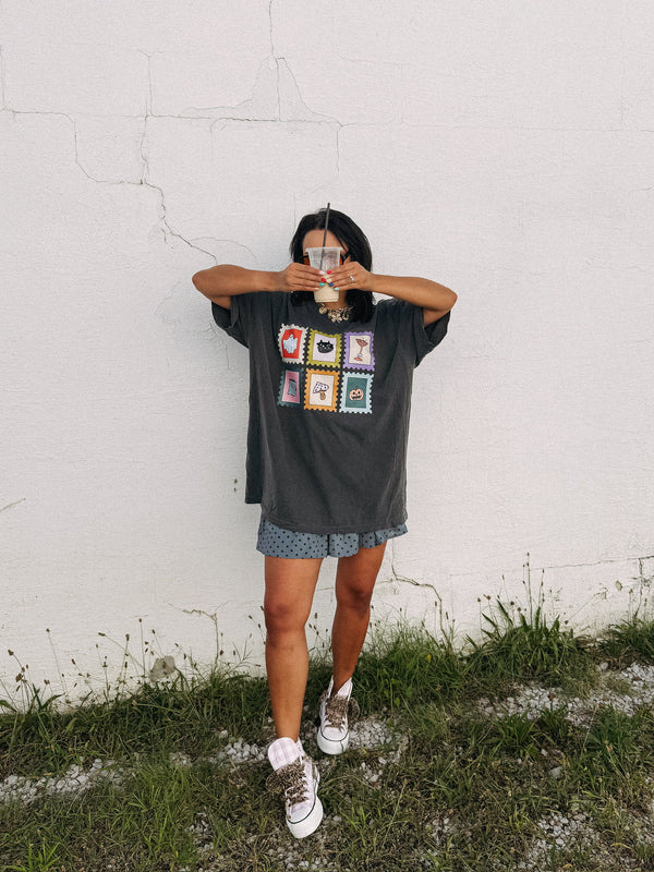 Etta & East Save Spooky Stamps Graphic Tee- Charcoal