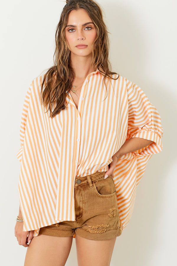 Zoe Oversized Button Down Stripe Shirt - Tangerine/White