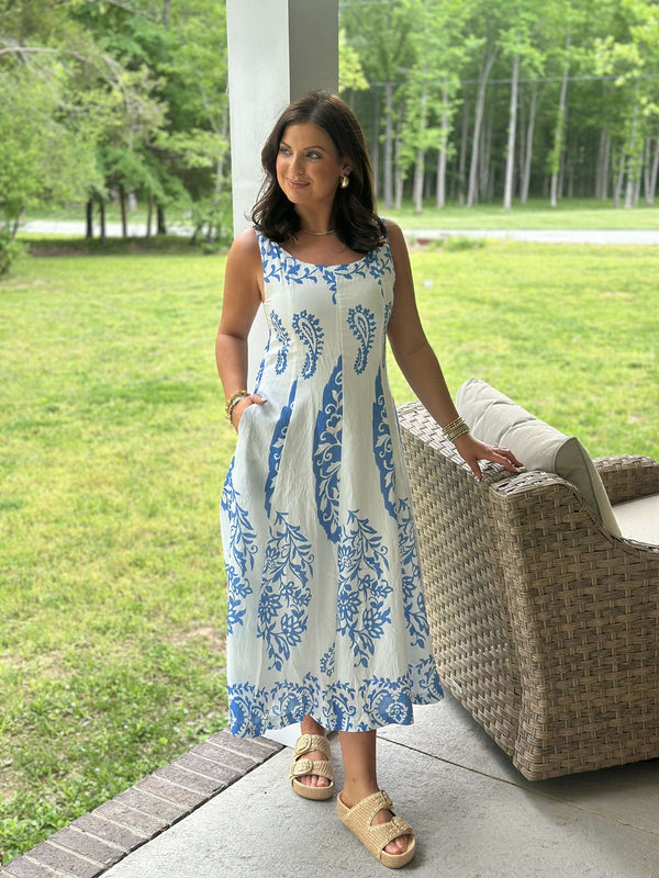 Nantucket Print Midi Dress - Blue