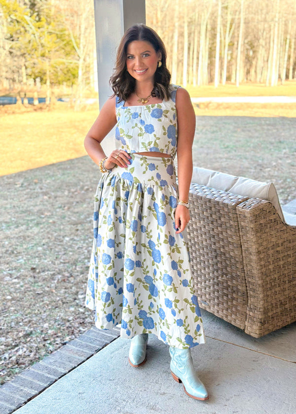 Flora Cropped Top And Midi Skirt Set - Blue