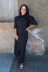 Nina Ruffle Collar Midi Shirt Dress - Black Pin Stripe