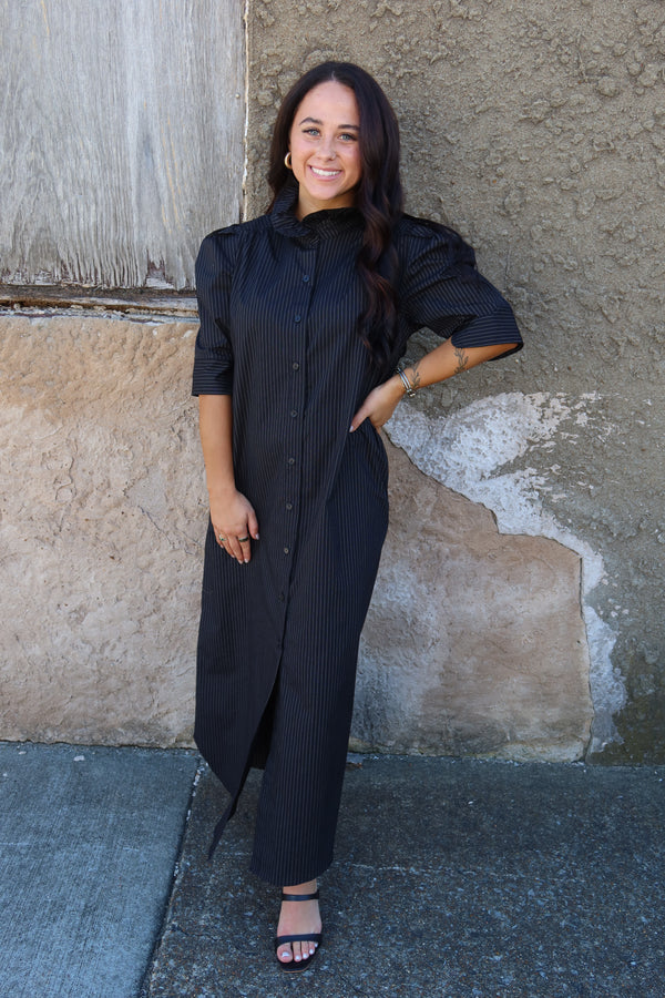 Nina Ruffle Collar Midi Shirt Dress - Black Pin Stripe