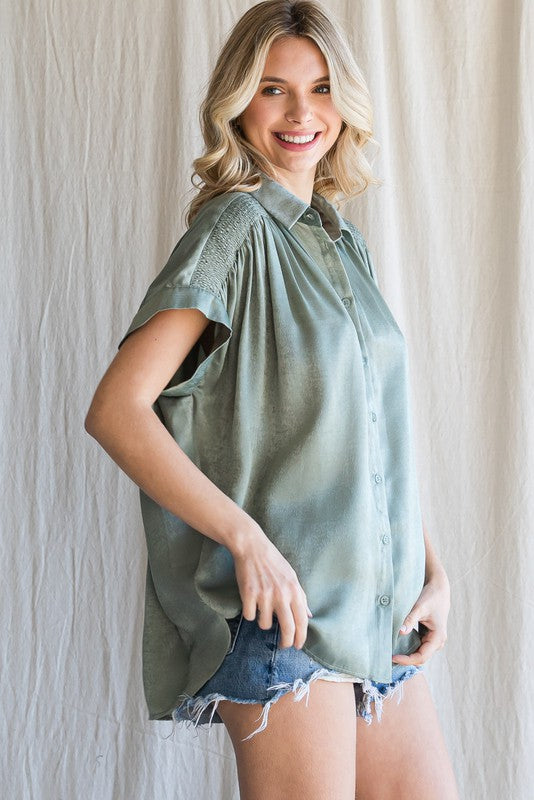 Sage Shirring Collared Top