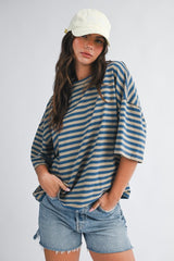 Gia Oversized Stripe Tee Tan/Blue
