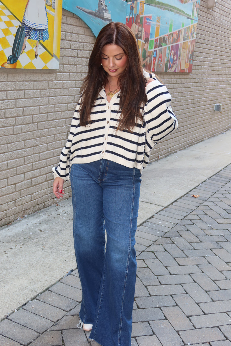 Bambi Stripe Knitted Cardigan - White/Navy