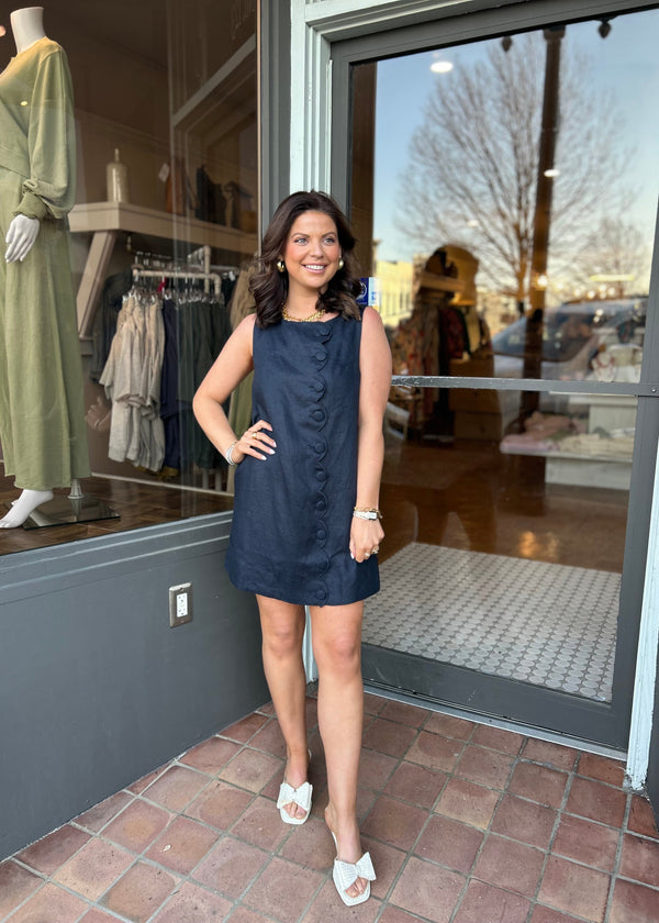 Linen Scallop Button Mini Dress - Navy