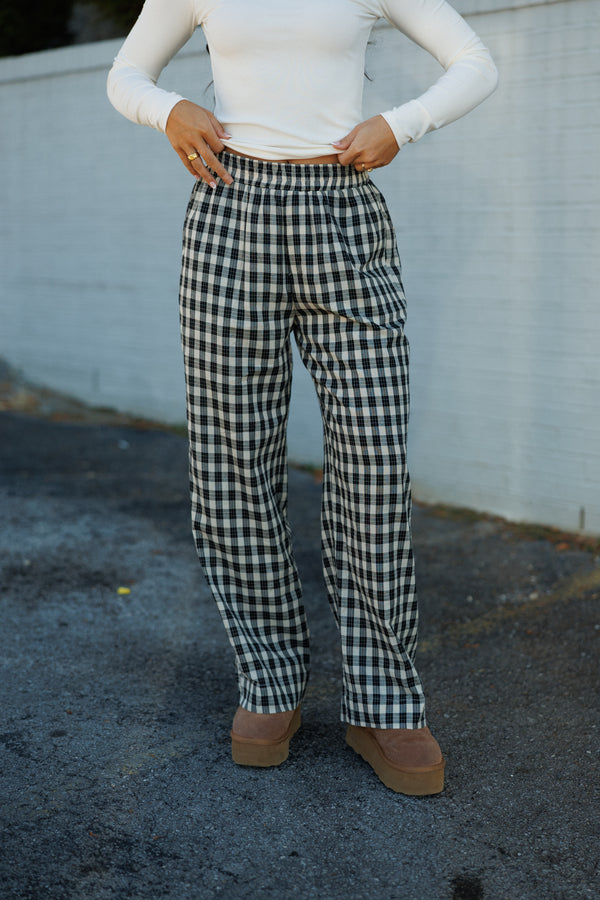 Cotton Plaid Pants - Black/Taupe