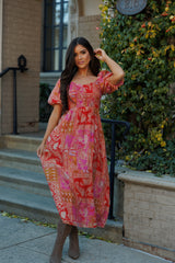 Mediterranean Majesty Puff Sleeve Maxi - Pink/Red