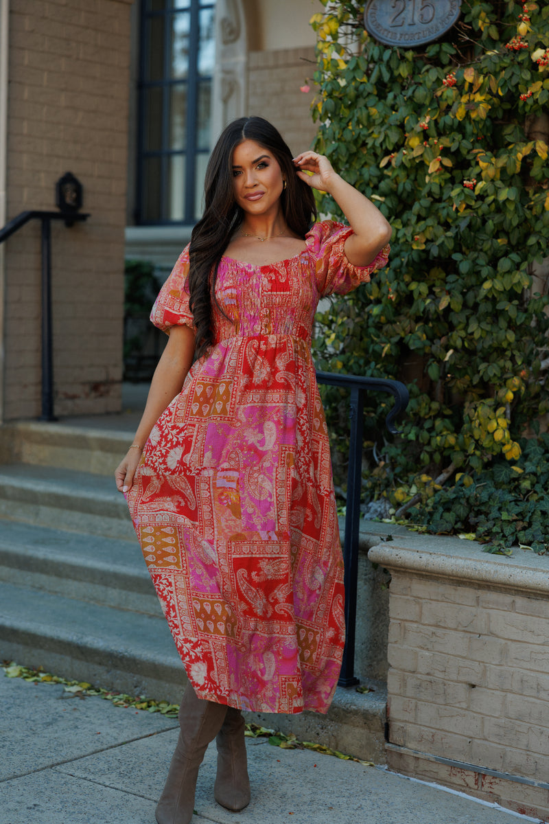 Mediterranean Majesty Puff Sleeve Maxi - Pink/Red