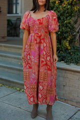 Mediterranean Majesty Puff Sleeve Maxi - Pink/Red