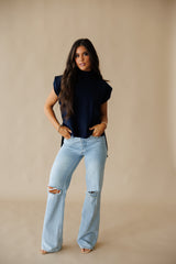 Serena Mock Neck Top- Navy