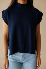 Serena Mock Neck Top- Navy