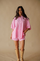 Adrienne | Arizona Oversized Button Down Top - Pink Seer Gingham