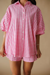 Adrienne | Arizona Oversized Button Down Top - Pink Seer Gingham