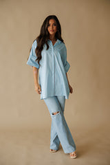 Island Chic Roll Tab Sleeve Shirt Dress - Blue Pink