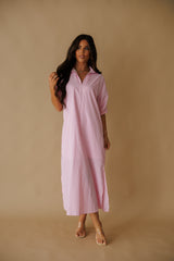 Adrienne | Blakely Stand Collar Midi Dress - Pink Stripe