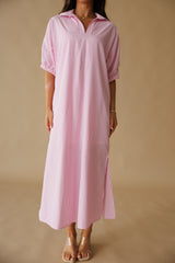 Adrienne | Blakely Stand Collar Midi Dress - Pink Stripe
