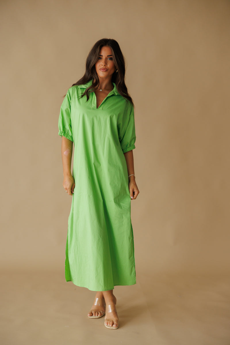 green apple dress Adrienne | Blakely Stand Collar Midi Dress