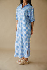 Adrienne | Blakely Seer Gingham Midi Dress- Sky