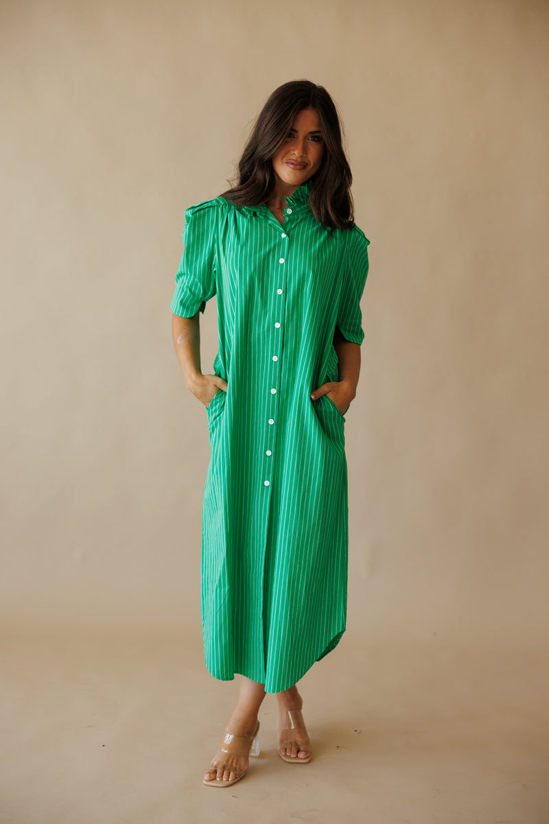 kelly green shirt dress Adrienne | Nina Ruffle Collar Midi 45 Bailey is modeling NOTCAMP Waist-Inseam:36 x 30 ASOS DESIGN Sequin Embellished