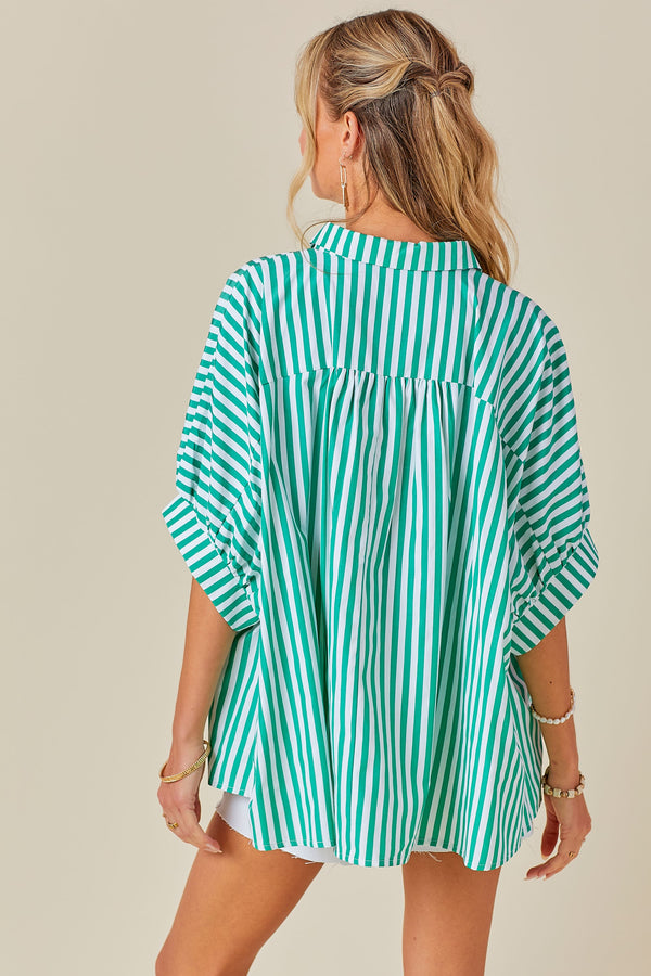 Zoe Oversized Button Down Stripe Shirt - Green/White