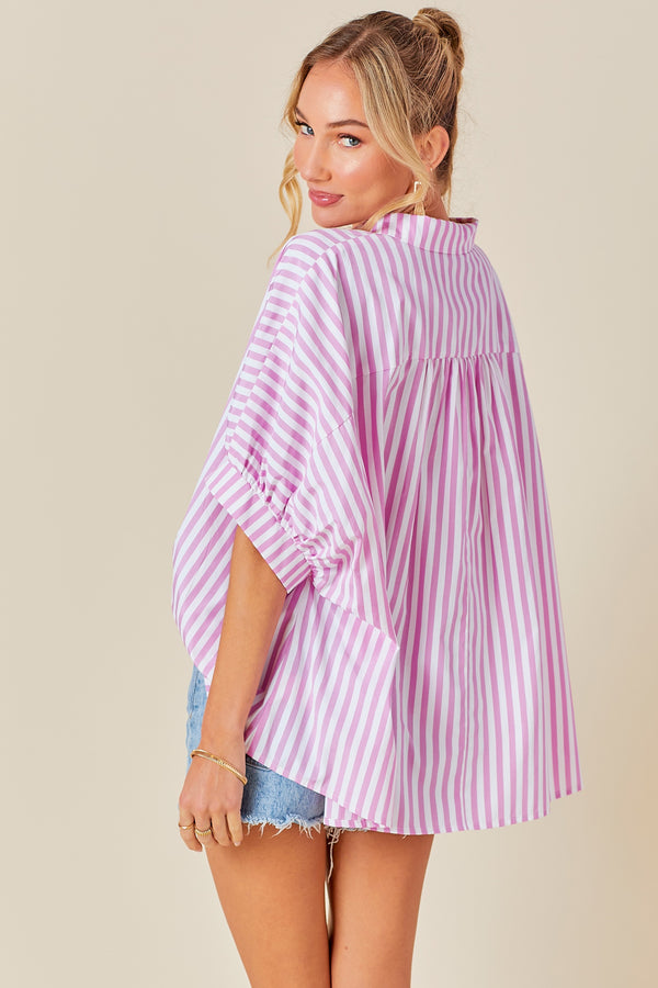 Zoe Oversized Button Down Stripe Shirt - Pink/White