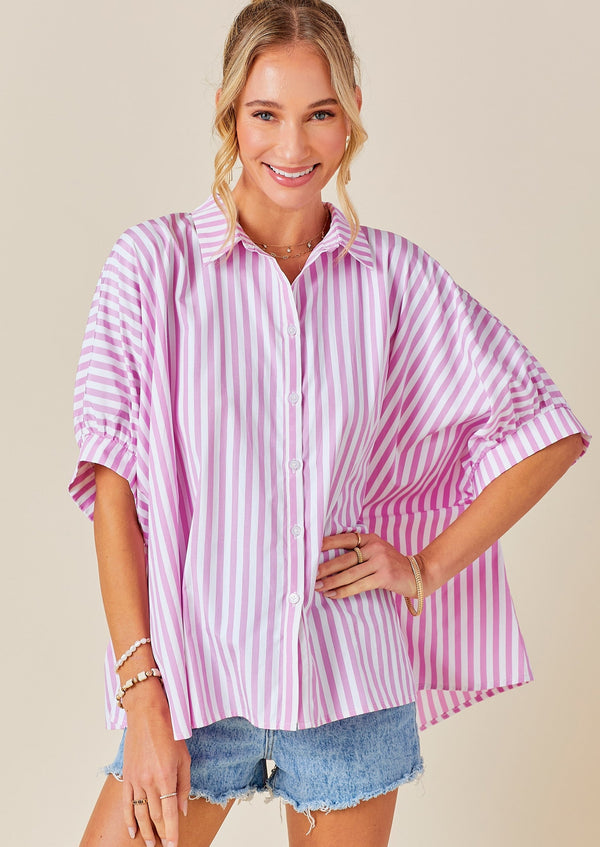 Zoe Oversized Button Down Stripe Shirt - Pink/White