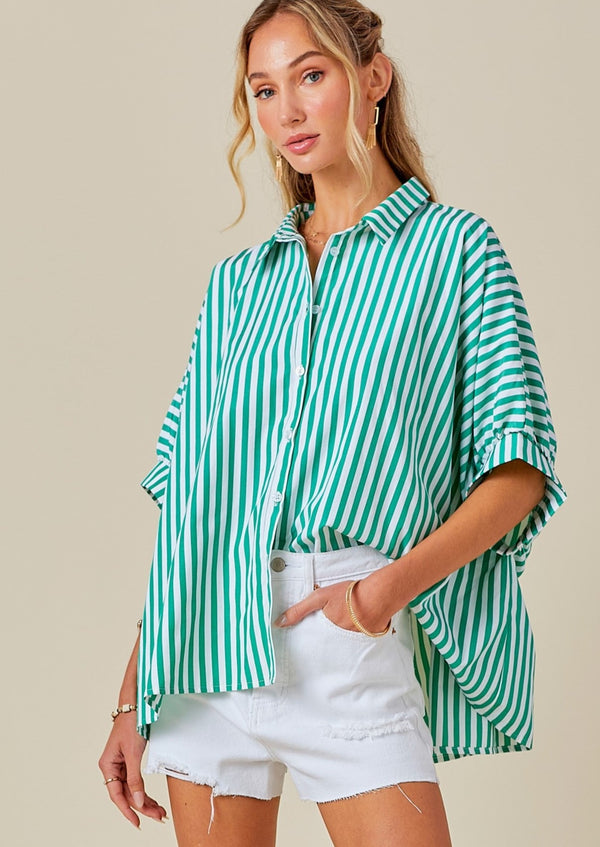 Zoe Oversized Button Down Stripe Shirt - Green/White