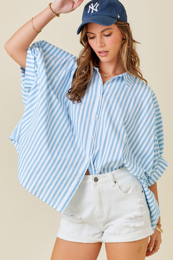 Zoe Oversized Button Down Stripe Shirt - Blue/White