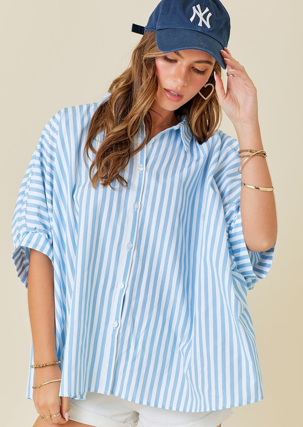 Zoe Oversized Button Down Stripe Shirt - Blue/White