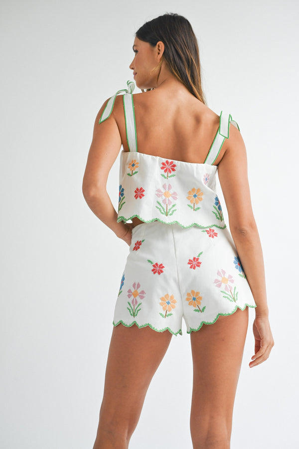Embroidered Scallop Crop Top and Shorts Set