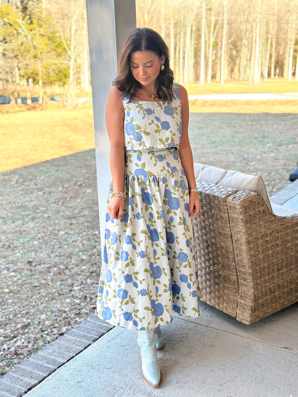 Flora Cropped Top And Midi Skirt Set - Blue