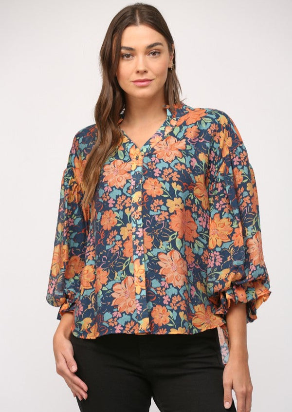 Color Me Curious Balloon Sleeve top - Navy Floral