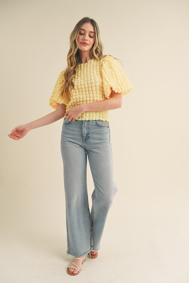 Ivy Textured Puff Sleeve Top - Lemon Drop