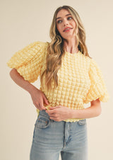 Ivy Textured Puff Sleeve Top - Lemon Drop