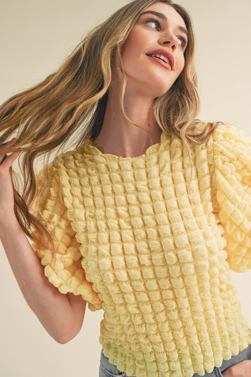 Ivy Textured Puff Sleeve Top - Lemon Drop