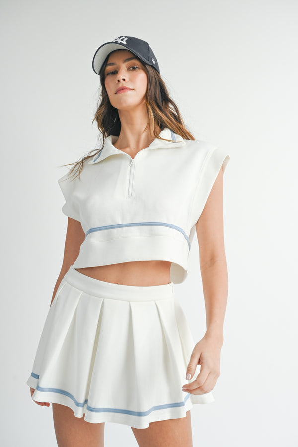 Varsity Crop Top & Pleated Skirt Set - White/Blue
