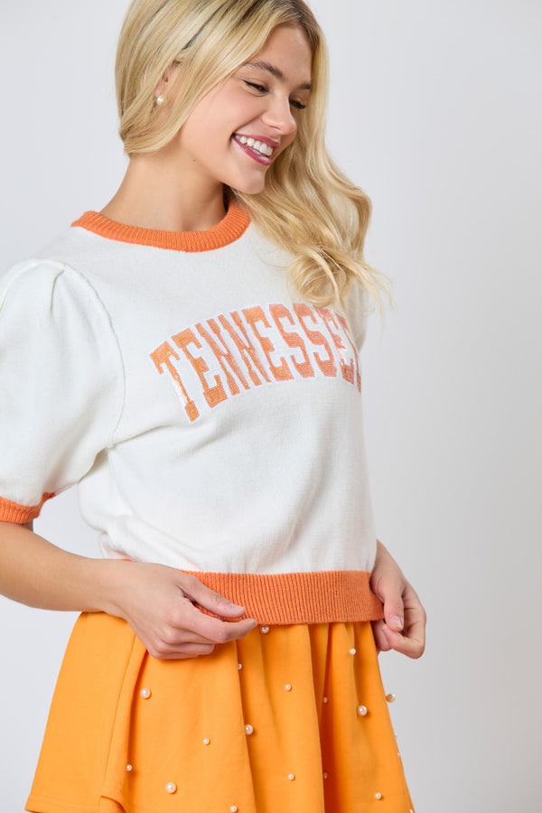 Tennessee Puff Short Sleeve Sweater - Orange/White