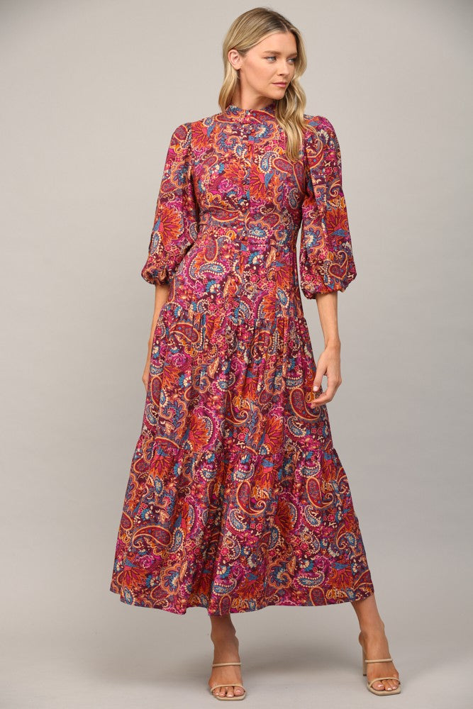 Classic Paisley Maxi Dress - Plum