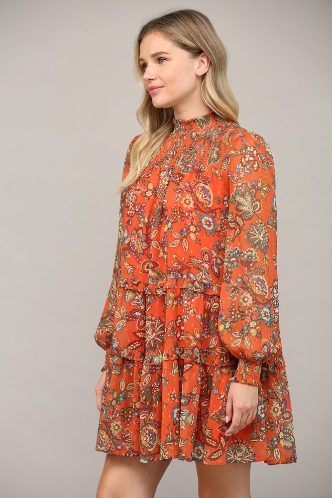 Muse Smocked Yoke Dress - Rust Orange