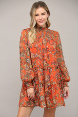 Muse Smocked Yoke Dress - Rust Orange